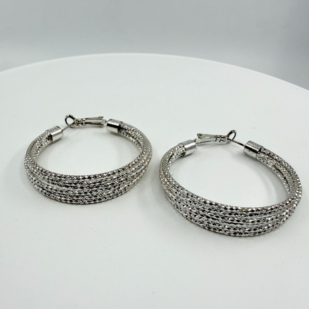 Silver Tone Multi-Row Textured Hoop Earrings Y2K Chunky Statement Jewelry